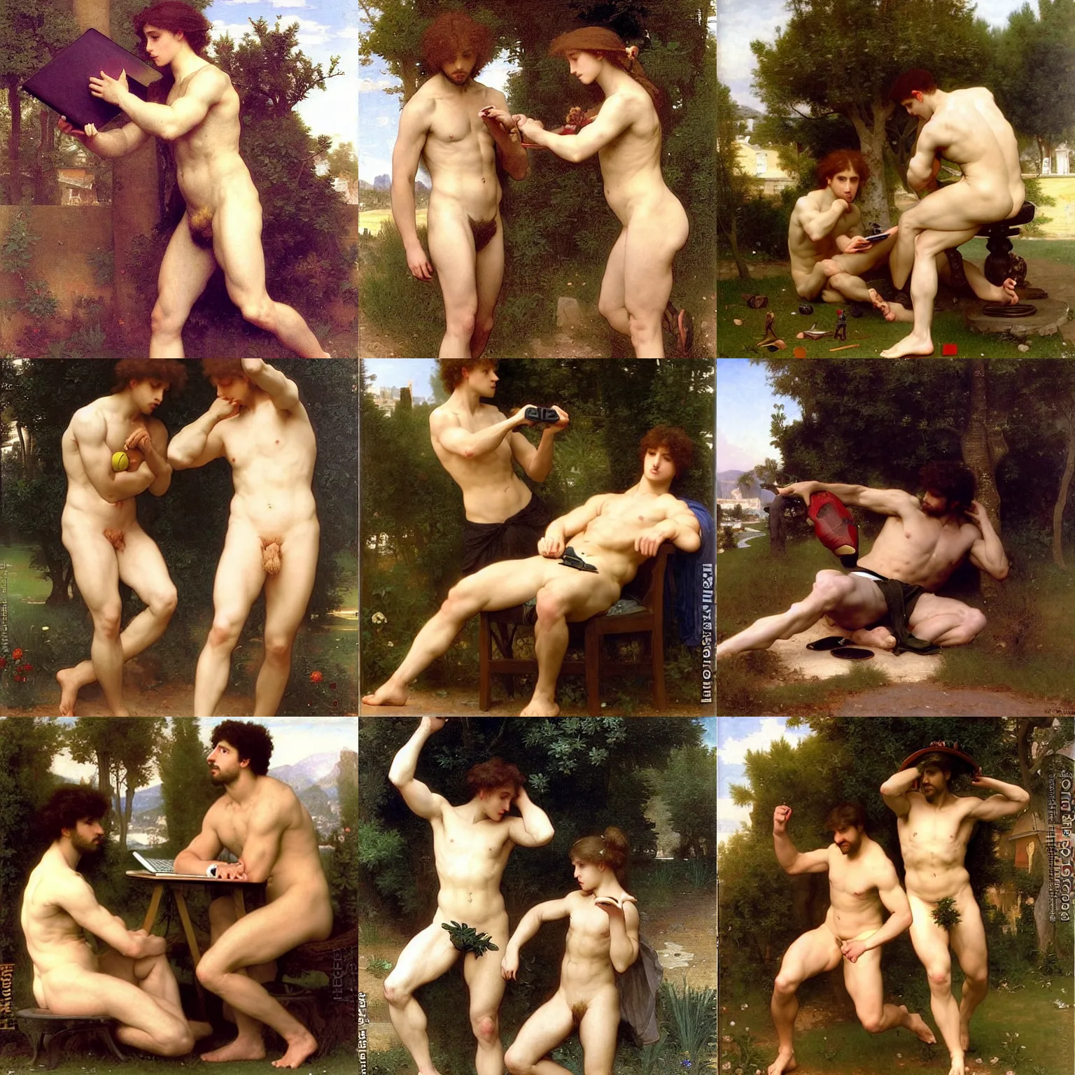 Prompt: pre-Raphaelite male muscular athletic gamers playing games on laptops by Bouguereau