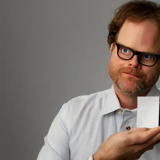 Image similar to proud rainn wilson holding a tiny piece of paper and a fish above his head by rubins