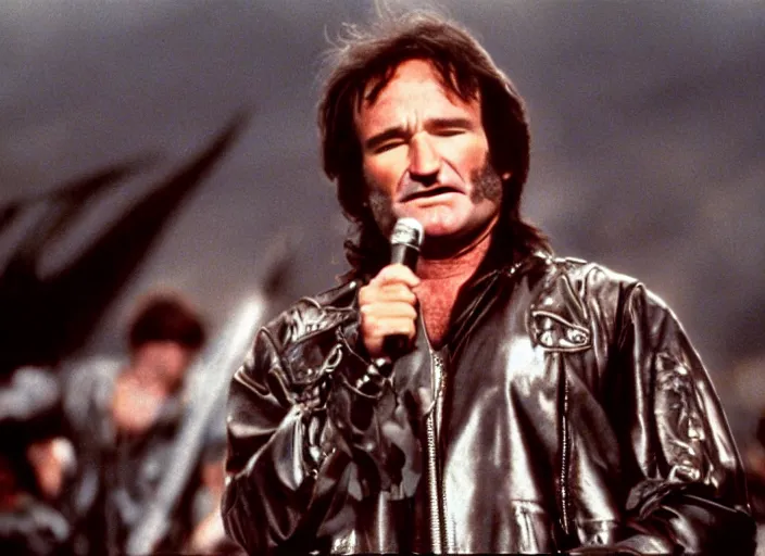 Image similar to promotional image of robin williams in a heavy metal band in a movie from 1978, rugged black clothes, detailed face, movie still frame, promotional image, imax 70 mm footage