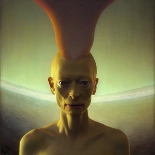 Image similar to Woman masterpiece, Tilda Swinton, yellow, golden halo behind her head, wires everywhere, by Edgar Maxence and Ross Tran, Zdzisław Beksiński, and Michael Whelan, distant, gustav dore, H.R. Giger, 8k, octane render