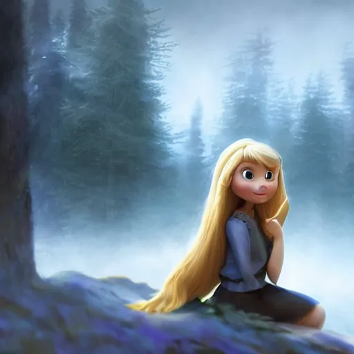 Image similar to medium shot young girl, blond hair green eyes, astride a gray wolf, in a dark forest, mysterious, backlit, perfact face, beautiful still from a pixar dreamworks movie, trending on artstation