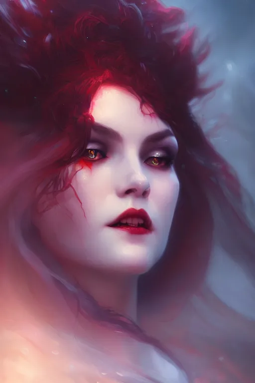 Prompt: attractive vampire queen, close - up portrait, intricate, elegant, volumetric lighting, scenery, digital painting, highly detailed, artstation, sharp focus, illustration, concept art, gaston bussiere, ruan jia, steve mccurry