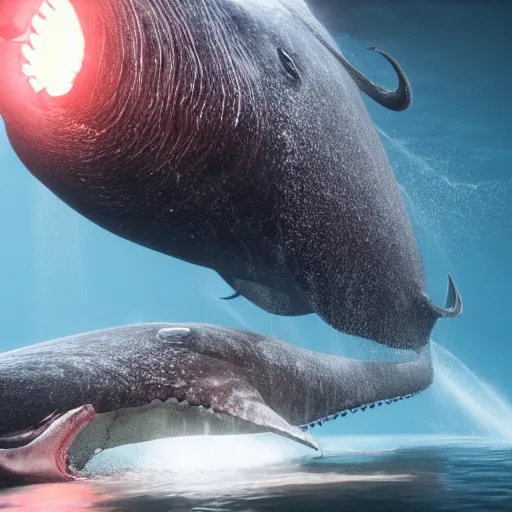 Image similar to Sperm whale and King squid fight in the deep sea, volume light, unreal engine 4,4k,