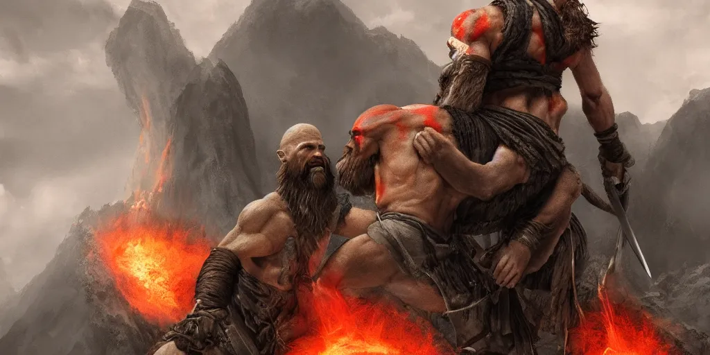 Prompt: Kratos carrying Frodo to Mount Doom, lava rivers, orange tone, very dramatic, general shot, trending on artstation,