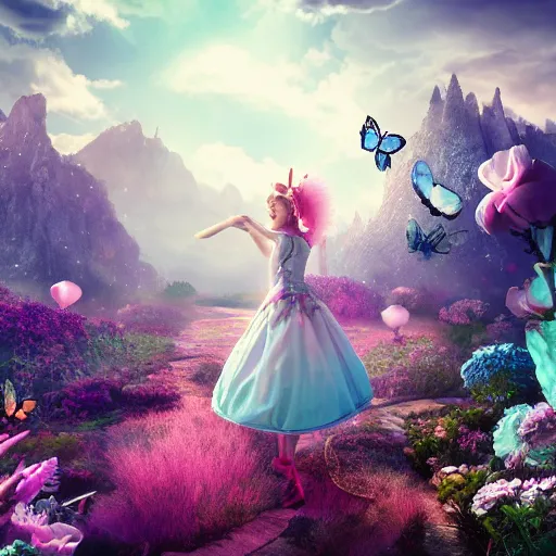 Prompt: alice in wonderland, fantasy, octane render, 4k, mystery, cinematic, high detailed, intricate, pink and blue hues, magical, butterflies flying, mountains on the background