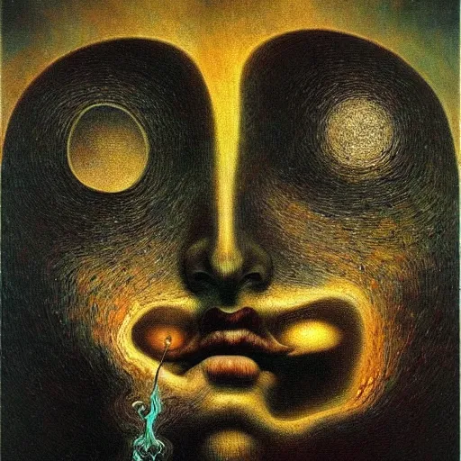 Image similar to My soul transcends the ashes of my body to merge with the blissful dimensionless vodi - contest-winning artwork by Salvador Dali, Beksiński, Van Gogh, Giger, and Monet. Stunning lighting