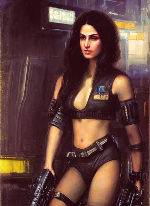 Image similar to Nikki. dangerous beautiful cyberpunk female USN marine wearing a military vest and military jumpsuit (cyberpunk 2077, bladerunner 2049). gorgeous face. Iranian orientalist portrait by john william waterhouse and Edwin Longsden Long and Theodore Ralli and Nasreddine Dinet, oil on canvas. Cinematic, hyper realism, realistic proportions, dramatic lighting, high detail 4k