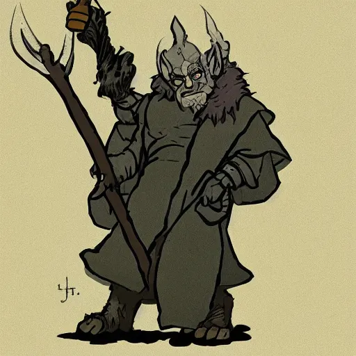 Prompt: A Half-orc Druid holding a wooden staff, wearing a grey fur robe, Mike Mignola