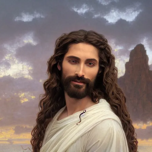 Image similar to an extremely detailed matte painting of a ridiculously good looking jesus that looks like a jewish gigachad with his 1 2 apostle entourage, long curly hair, elegant ancient greek dress, very detailed, windy beach, beautiful, intricate, cinematic, artstation, william bouguereau, alphonse mucha, greg rutkowski, rossdraws, octane render