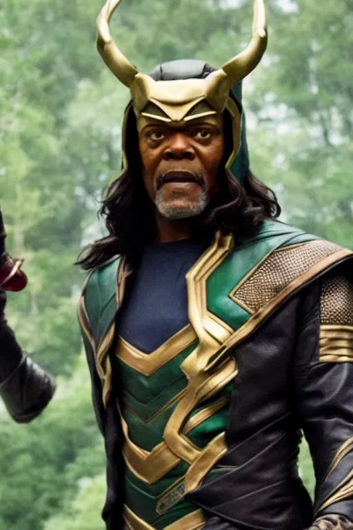 Image similar to film still of Samuel L Jackson as Loki, wearing Loki Helmet, wielding a powerful magical staff, in new Avengers film