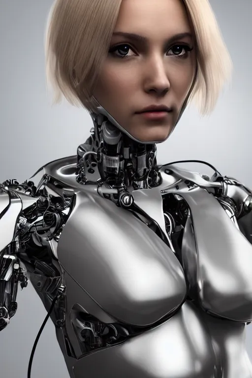 Image similar to a beautiful woman with blonde hair wearing robot suit with wires and light, highly detailed, photorealistic, artstation, smooth