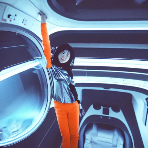 Image similar to a korean woman with long black hair and grey / black futuristic metallic clothing floating in zero - gravity in a spaceship with a white and blue futuristic interior. orange lighting, kodak film grain, expired film