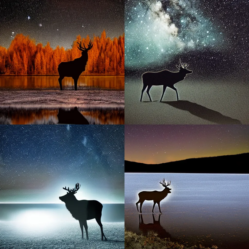 Prompt: a glowing in the dark elk walks at night on the surface of the lake in the rays of moonlight against the background of stars,