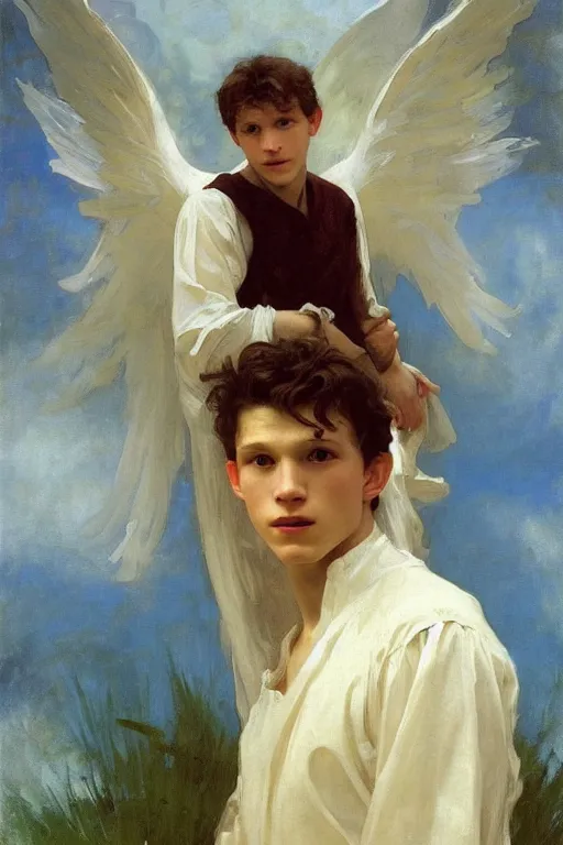 Image similar to elegant romantic portrait photo of tom holland as an angel by greg manchess, mucha, william adolphe bouguereau, john singer sargent, sorolla, winslow homer, dean cornwell, james gurney, kilin eng, ilya repin, armor