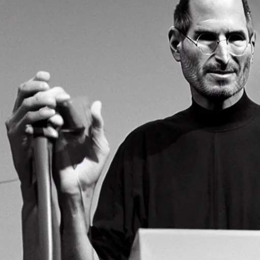 Image similar to steve jobs announcing a wrench, press photo