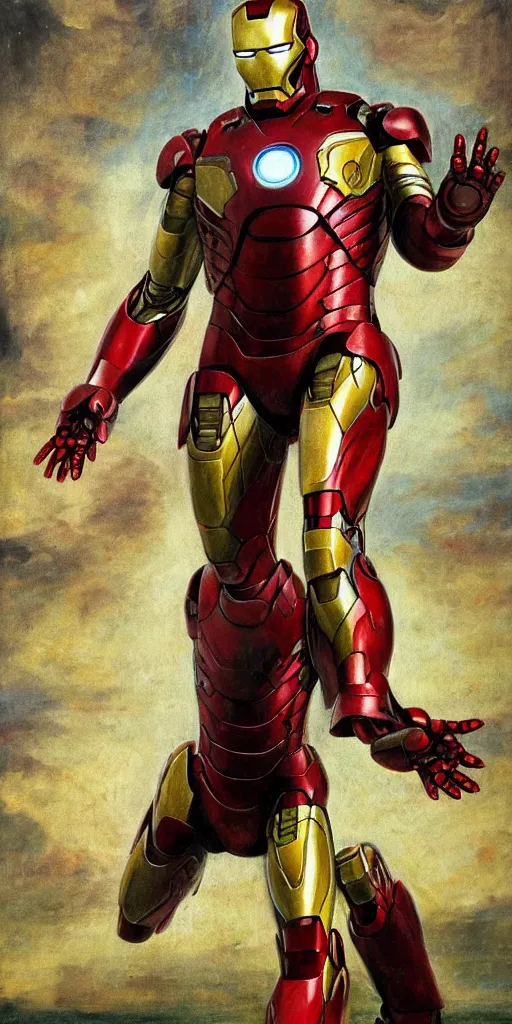 Image similar to iron man by hieronymus bosch, highly detailed, realistic, abstract background, action pose