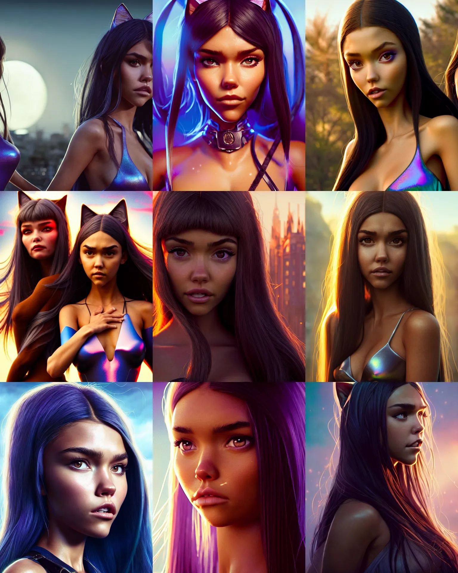 Prompt: weta movie still portrait photo of madison beer, jessica alba : : as catgirl woman by pixar : : by weta, greg rutkowski, wlop, ilya kuvshinov, rossdraws, artgerm, marvel, maxim magazine cover, rave otufit, unreal engine, sweaty, iridescent, bright morning, anime, : :