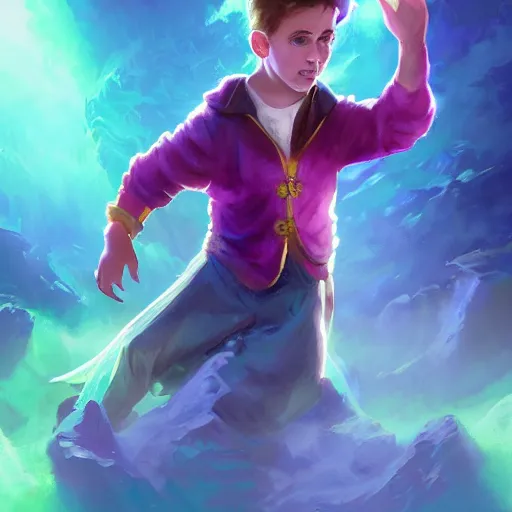 Prompt: a stylized portrait of a young boy with wavy brown hair and green eyes as a wizard, stylized, arcane magic, blue and purple vapor, neon color, vivid color, lens flare, volumetric light from below, background by justin gerard, hyperdetailed concept art by Ross Tran and Greg Rutkowski, high quality DnD illustration, trending on ArtStationHQ, 8k