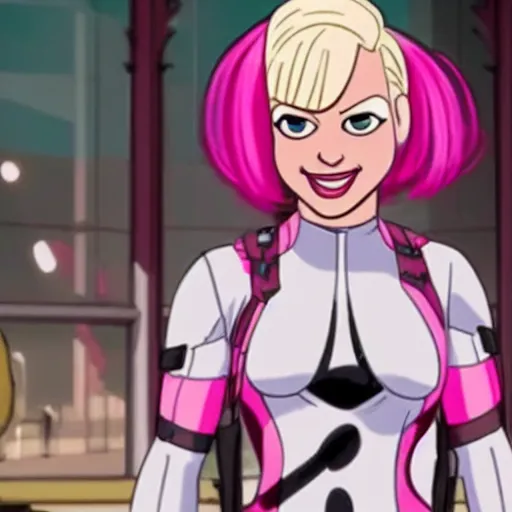 Image similar to A still of Gwenpool in Deadpool 3 (2023), blonde hair with pink highlights, no mask, white and light-pink outfit, smiling and winking at the camera, comics accurate design