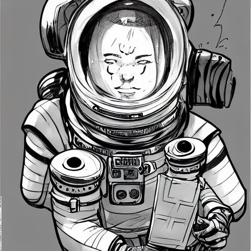 Image similar to character concept art, manga drawing, astronaut, sci fi!!!!, pen and ink illustration, mike mignola, trending on artstation