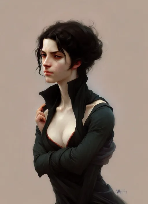 Prompt: character concept portrait of an attractive young Spanish female wizard with pale skin, dark vibe, intricate, elegant, digital painting, concept art, smooth, sharp focus, illustration, from Metal Gear, by Ruan Jia and Mandy Jurgens and William-Adolphe Bouguereau, Artgerm,