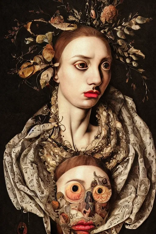 Image similar to Detailed maximalist portrait with large lips and with large eyes, sad expression, anatomical, HD mixed media, 3D collage, highly detailed and intricate illustration in the style of Caravaggio, dark art, baroque