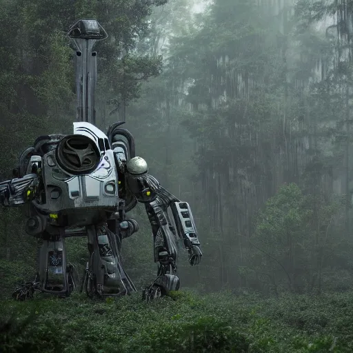 Prompt: still from a big budget scifi movie of a misty swamp planet, a tall and slender mech with many wires and cable joints with translucent white plastic armor and led light trims and black knee and elbow joints, flies high above the forest canopy