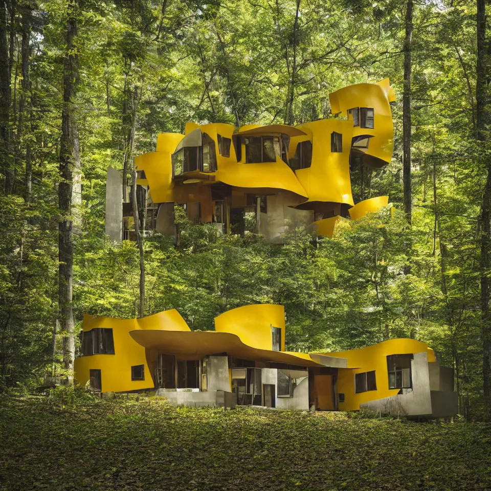 Prompt: architecture ad for a 1 story mid-century modern house in the middle of the forest, designed by Frank Gehry. Film grain, cinematic, yellow hue