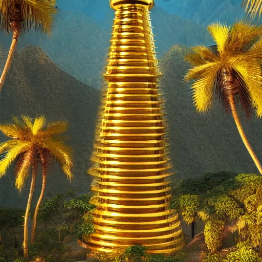 Image similar to photo of vertical golden tower, stacked ancient village, arid mountains and lush palm forest, photo realism, sharp focus, octane, golden hour