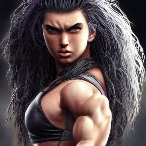 Image similar to warrior girl, muscular girl, wild spiky black saiyan hair, long spiky hair, electrified hair, scimitar, ultra realistic, intricate details, highly detailed, subsurface scattering, photorealistic, octane render, 8 k, art by artgerm, greg rutkowski, magali villeneuve, alphonse mucha