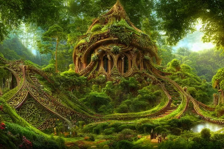 Prompt: a beautiful and highly detailed digital painting of an elven structure in a lush detailed forest in a beautiful valley, psychedelic trees and plants and flowers, celtic, intricate details, epic scale, 8 k, sharp focus, photorealism, artstation, cgsociety, by caspar friedrich, albert bierstadt, james gurney, brian froud,