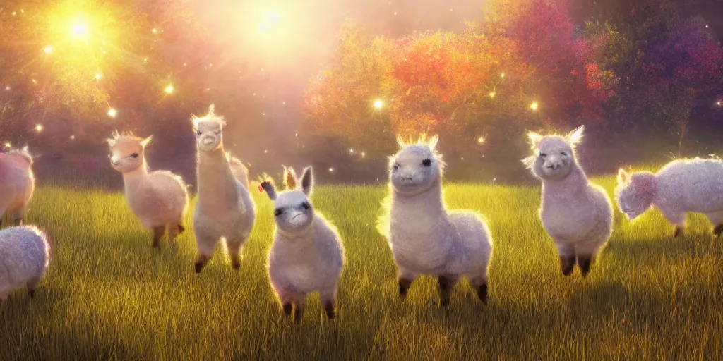 Image similar to magical fairy alpacas frolicking in a field, autumn, sparkles, light beams, photorealistic, hyperrealistic, fantasy, 8 k, trending on artstation