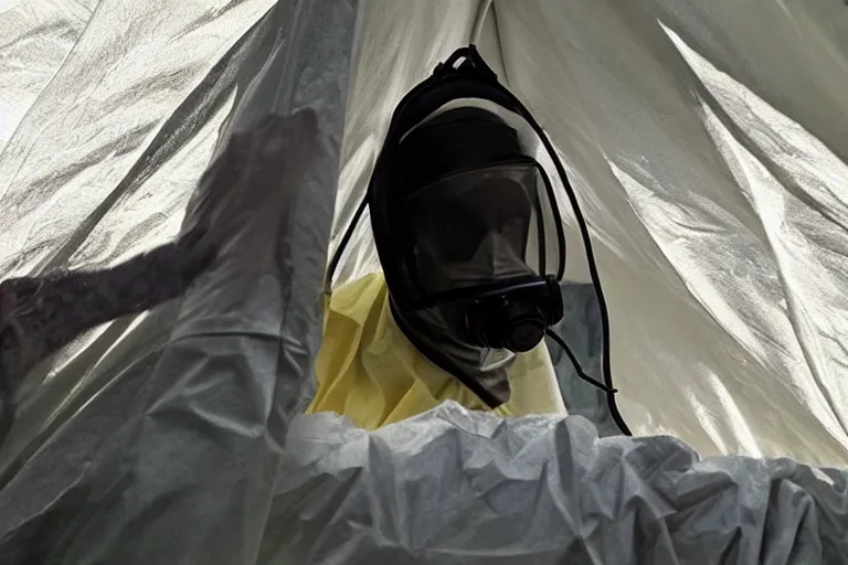 Prompt: man wearing hazmat suit in clean tent. by Roger Deakins