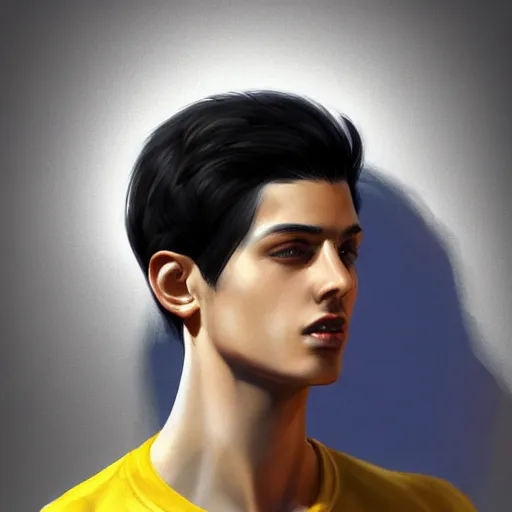 Image similar to ultra realistic illustration, a young man with black hair, in a yellow t - shirt, with blue eyes, highly detailed, digital painting, artstation, concept art, smooth, sharp focus, illustration