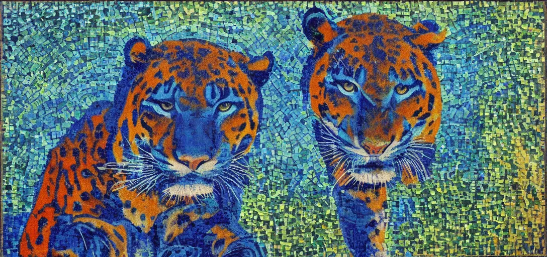 Prompt: impressionistic mosaic of the god of nature, the blue panther