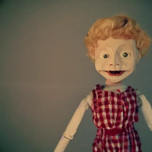 Image similar to 1 9 5 0 s children marionette toys comming to life, scary, fear, horror, thriller, cinematic still, jump scare, pov, wide shot, polaroid,
