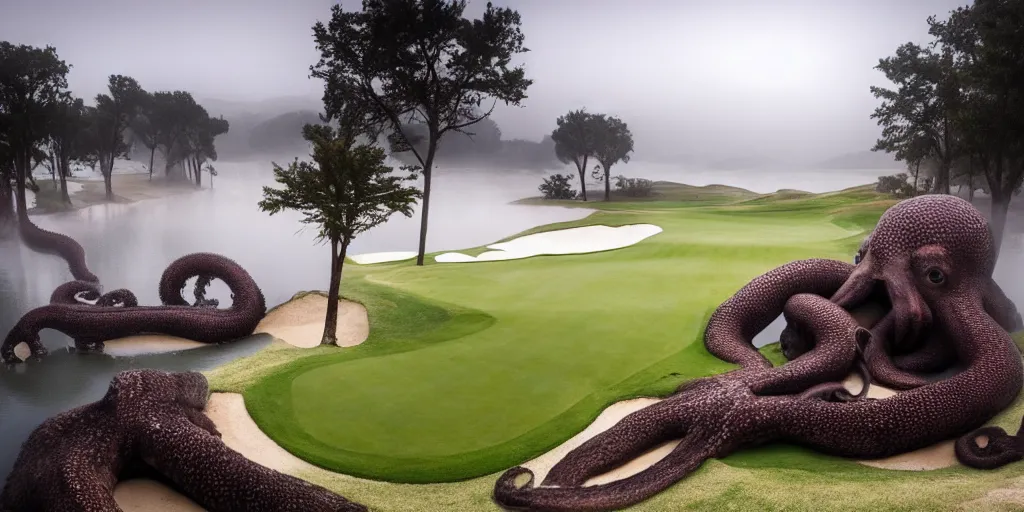 Image similar to a great photograph of the most amazing golf hole in the world, surrounded by water, giant octopus, ambient light, golf digest, top 1 0 0, fog