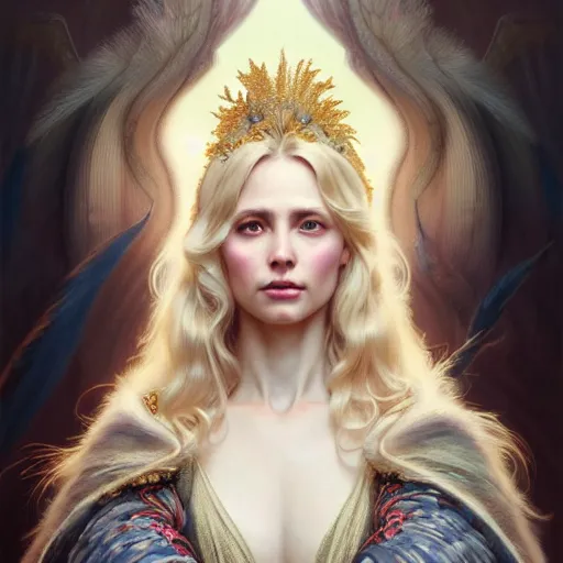 Image similar to portrait painting of a beautiful blonde lady with a kind face wearing a feathered cloak and a fancy dress, ultra realistic, concept art, intricate details, eerie, highly detailed, photorealistic, octane render, 8 k, unreal engine. art by artgerm and greg rutkowski and charlie bowater and magali villeneuve and alphonse mucha