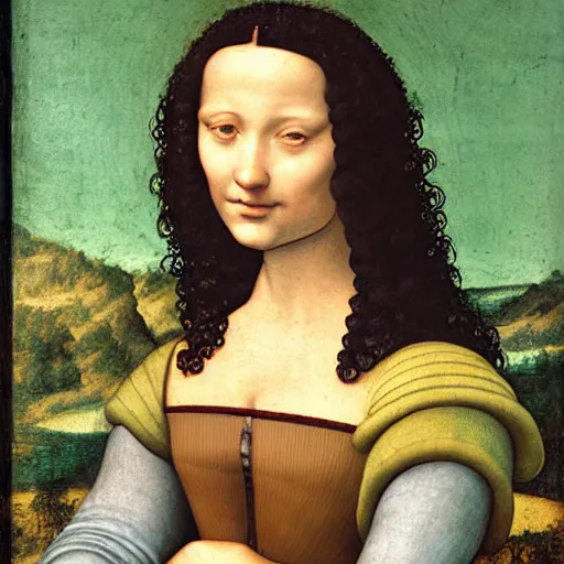 Image similar to young woman from the year 1 5 0 0, seated in front of a landscape background, her black hair is fine curly, she wears a dark green dress pleated in the front with yellow sleeves, puts her right hand on her left hand and smiles slightly, oil painting in style of leonardo da vinci