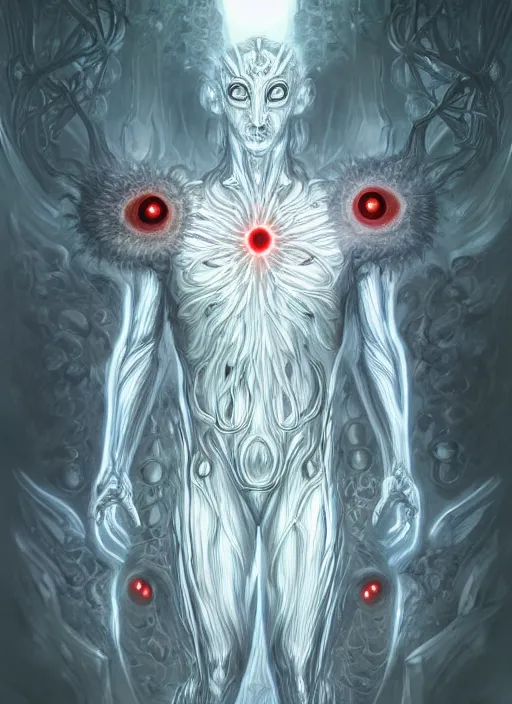 Image similar to cthonic resonance, red and white fractal glowing eyes, genetically augmented pale white young man wreathed in white gold flames, tracing the central nervous system throughout his body, fantasy, extremely detailed, digital painting, artstation, concept art, smooth, sharp focus, illustration, stunning lighting, art by artgerm and greg rutkowski and alphonse mucha and simon stalenhag, realistic character concept, high fantasy, dark atmosphere, golden ratio, cinematic lighting, hyperdetailed, high resolution, insanely detailed and intricate, artstation, Marc Simonetti, Greg Rutkowski, 8k