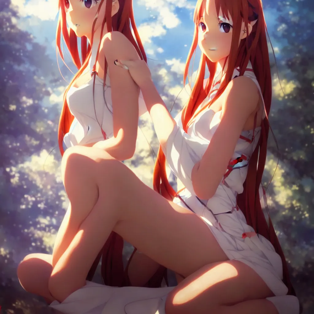 Image similar to beautifu photo of asuna from sao, asuna by a - 1 pictures, by greg rutkowski, gil elvgren, enoch bolles, glossy skin, pearlescent, anime, maxim magazine, very coherent