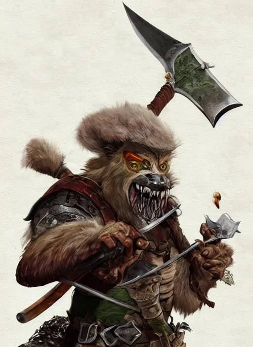 Image similar to photorealistic bugbear ranger holding sword on fire, magic, black beard, dungeons and dragons, pathfinder, roleplaying game art, hunters gear, jeweled ornate leather and steel armour, concept art, character design on white background, by sargent, norman rockwell, makoto shinkai, kim jung giu, artstation trending, poster art, colours red