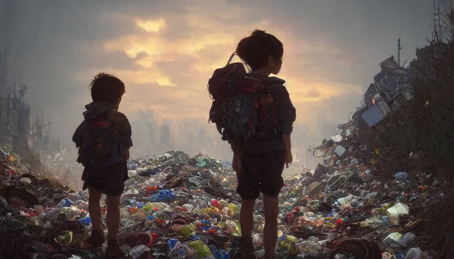 Image similar to poor detailed child with backpack looking for food at garbage dump, city is pure wasteland, moody sunset in background, greg rutkowski, alphonse mucha, trending on artstation, artgerm, unreal engine, breathtaking, award winning, highly detailed