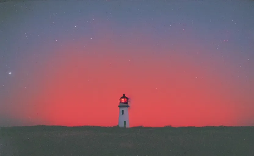 Image similar to lighthouse that shines red, field, night, unsettling, burning trees on the horizon, photo 1998