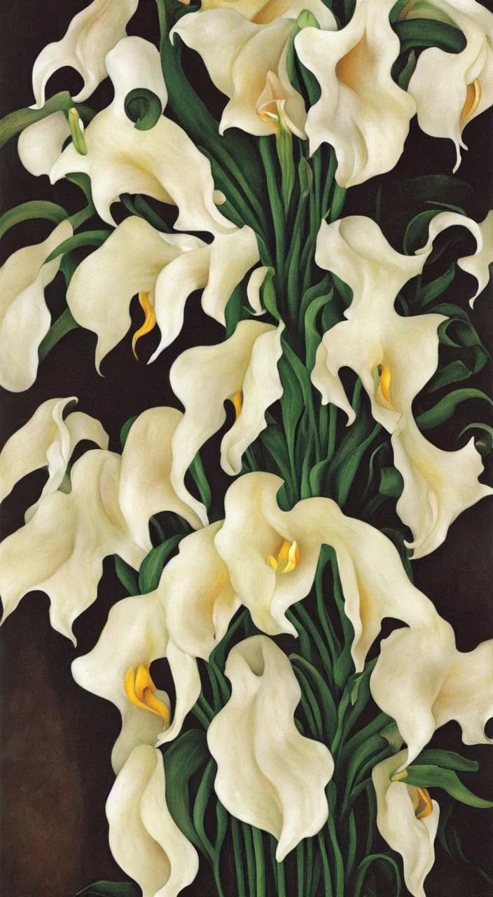 Image similar to portrait of a cream colored havanese dog with a bouquet of calla lillies, mexico, painting by diego rivera realism 1 9 3 5