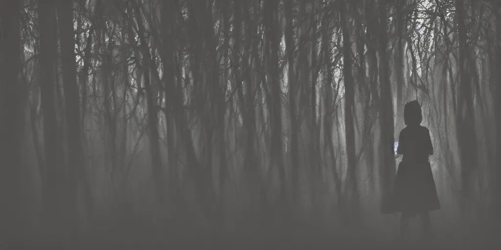 Image similar to mixture between a human and crow, photograph captured in a dark forest