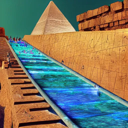 Image similar to ancient egyptian pyramid waterpark with water slides, digital art, epic composition, highly detailed, cinematic lighting