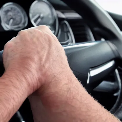 Image similar to extremely muscular and vascular hand gripping a steering wheel tightly, first person pov, detailed, 4 k