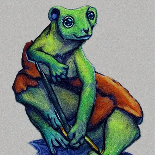 Prompt: an avatar portrait of a glass frog the species scholarly artist character in a fox hoodie and holding a paintbrush and notepad, in the style of dnd beyond avatar portraits, beautiful, artistic, elegant, lens flare, magical, lens flare, nature, realism, stylized, art by jeff easley