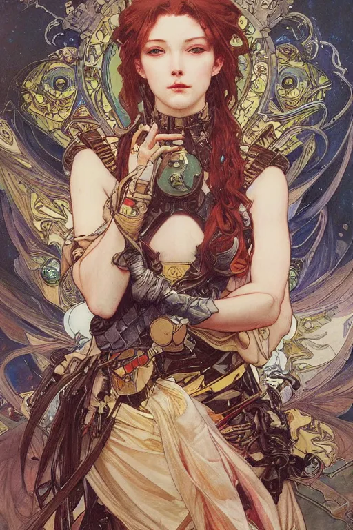 Prompt: realistic detailed painting of GUNDAM, painted by Alphonse Mucha, Ayami Kojima, Amano, Charlie Bowater, Karol Bak, Greg Hildebrandt, Jean Delville, and Mark Brooks, Art Nouveau, Neo-Gothic, intricate complexity, gothic, rich deep colors